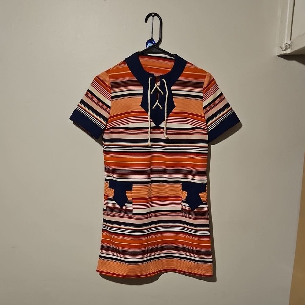 Striped Orange Navy Lace-Up Shift Dress